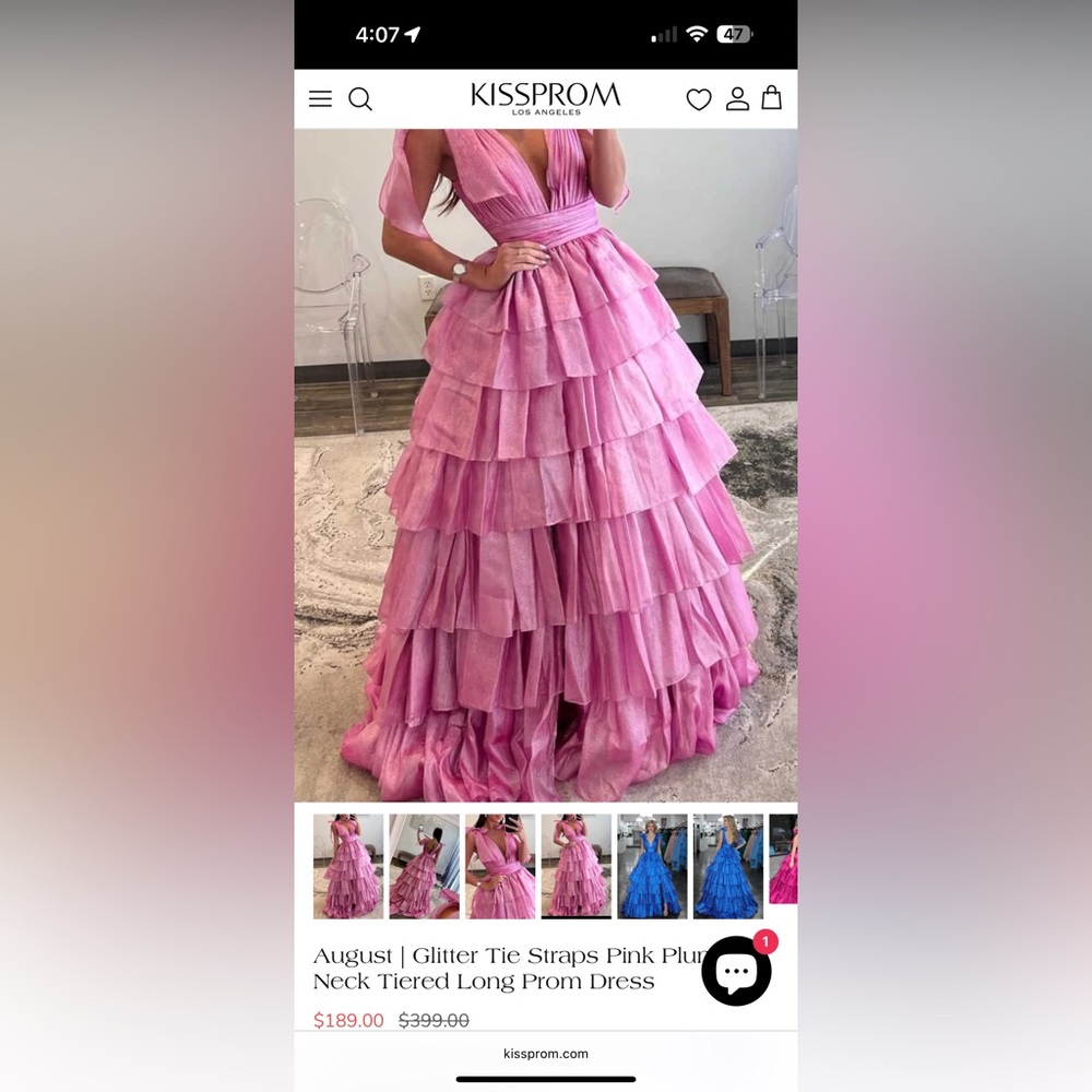 Pink Ruffled Prom Dress with Bow Straps - Picture 2 of 7